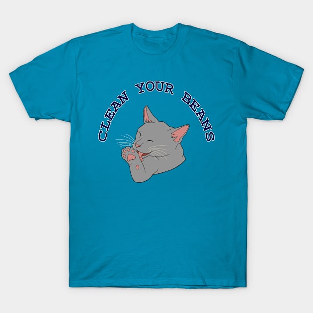 Clean Your Beans Gray Cat Pun T-Shirt by Art by Deborah Camp